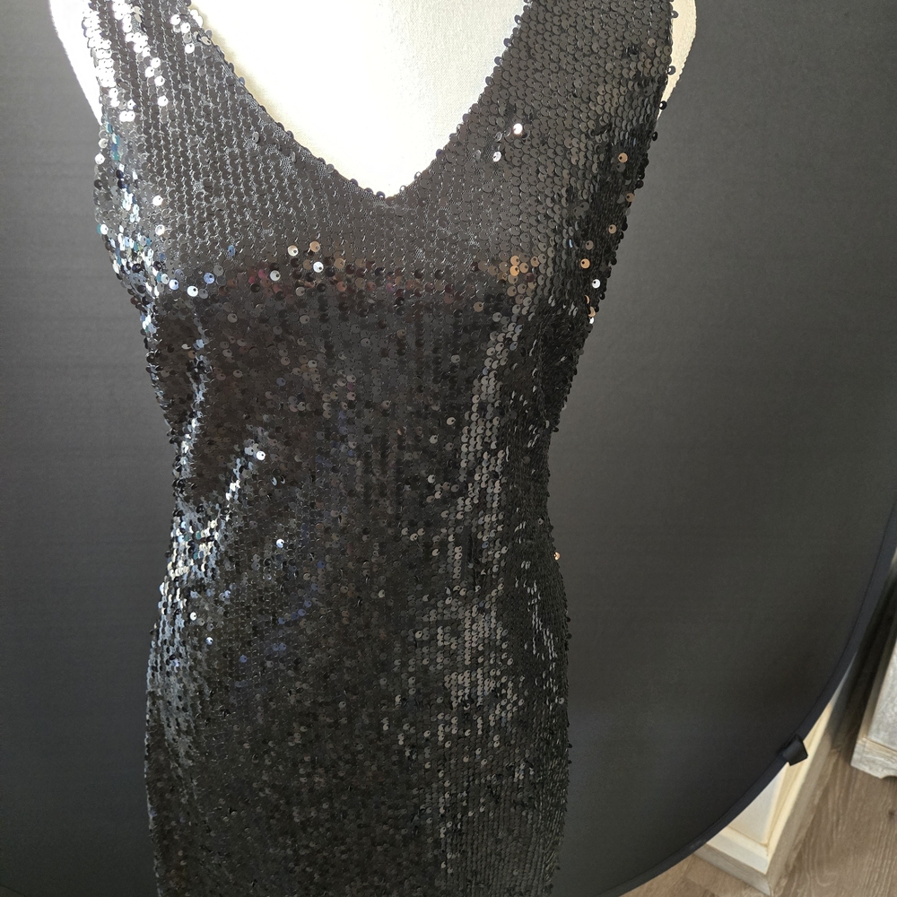 Stunning Black Sequin V Neck and Slight V-back Opening Back Of Neckline.